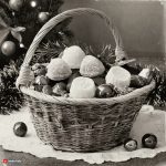 Firefly fotografia antigua en blanco y negro de una escena navideña con una cesta de comida que tien