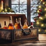 Firefly fotografía realista de una caja de regalos llena de botellas de whisky en un ambiente navide